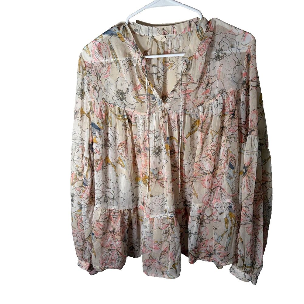 Lucky Brand Blouse Women's XL V-Neck Sheer Floral Long Sleeve Boho Lightweight